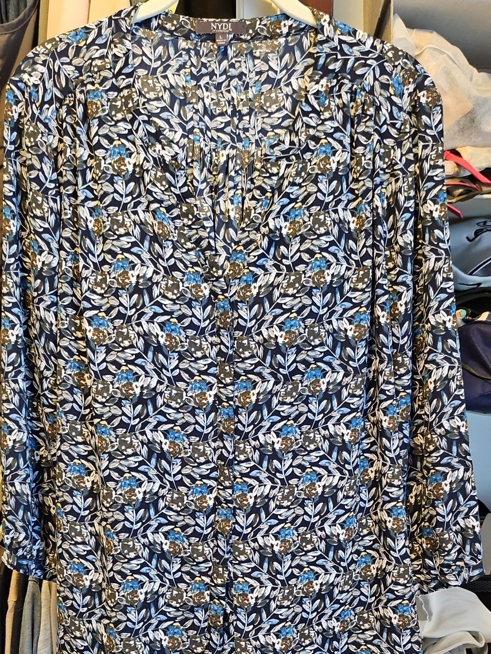NYDJ Navy Floral Button-Front Top with Blue & White Leaves